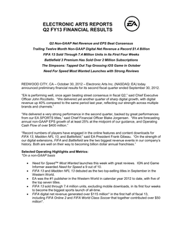 Electronic Arts Reports Q2 Fy13 Financial Results