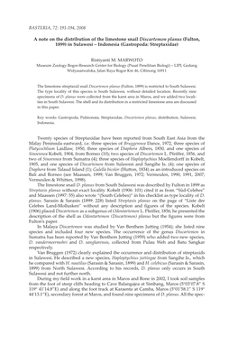 A Note on the Distribution of the Limestone Snail Discartemon Planus (Fulton, 1899) in Sulawesi – Indonesia (Gastropoda: Streptaxidae)