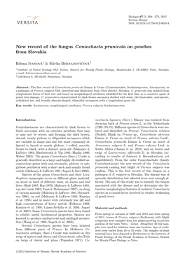 New Record of the Fungus Coniochaeta Prunicola on Peaches from Slovakia