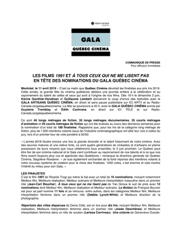 Les Films 1991 Et À Tous Ceux Qui Ne Me Lisent Pas En Tête Des Nominations Du Gala Québec Cinéma