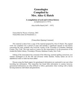 Genealogies Compiled by Mrs. Alice G Hatch