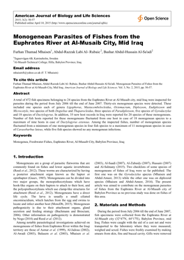 Monogenean Parasites of Fishes from the Euphrates River at Al-Musaib City, Mid Iraq