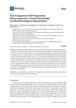 Two-Component FAD-Dependent Monooxygenases: Current Knowledge and Biotechnological Opportunities