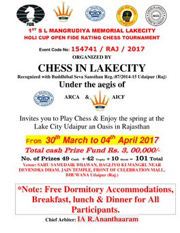 CHESS in LAKECITY Recognized with Buddhibal Seva Sansthan Reg.:87/2014-15 Udaipur (Raj) Under the Aegis Of