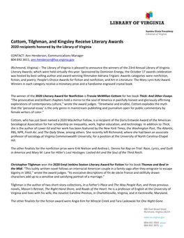 Cottom, Tilghman, and Kingsley Receive Literary Awards 2020 Recipients Honored by the Library of Virginia