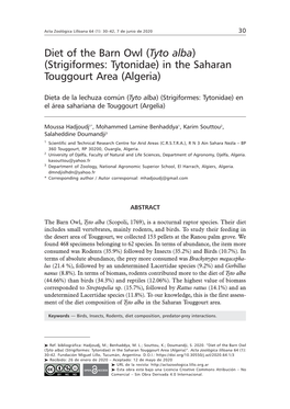 Diet of the Barn Owl (Tyto Alba) (Strigiformes: Tytonidae) in the Saharan Touggourt Area (Algeria)