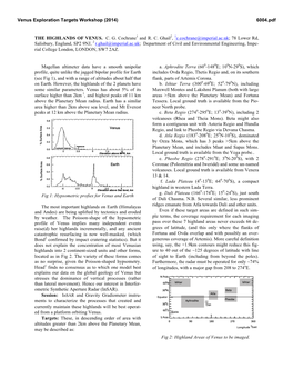 THE HIGHLANDS of VENUS. C. G. Cochrane1 and R. C. Ghail2, 1C