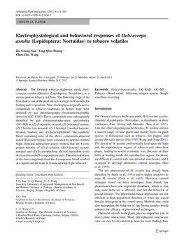 Electrophysiological and Behavioral Responses of Helicoverpa Assulta (Lepidoptera: Noctuidae) to Tobacco Volatiles