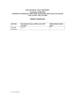 EEO PUBLIC FILE REPORT Townsquare Media Flint WCRZ(FM), WWBN(FM), WRCL(FM), WQUS(FM), WFNT(AM), WLCO(AM) June 1St 2019– May 31St 2020