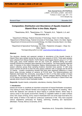 Composition, Distribution and Abundance of Aquatic Insects of Otamiri River in Imo State, Nigeria