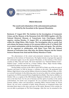 PRESS RELEASE the Search and Exhumation Of