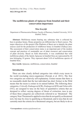 The Melliferous Plants of Apiaceae from Istanbul and Their Conservation Importance