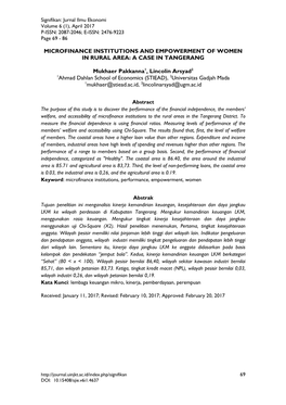 MICROFINANCE INSTITUTIONS and EMPOWERMENT of WOMEN in RURAL AREA: a CASE in TANGERANG Mukhaer Pakkanna1, Lincolin Arsyad2 1Ahmad