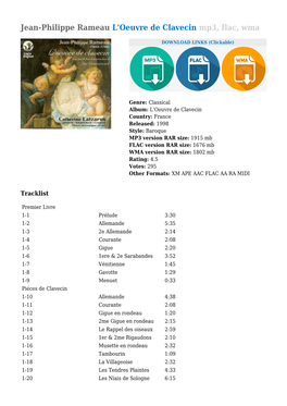 Jean-Philippe Rameau L'oeuvre De Clavecin Mp3, Flac, Wma