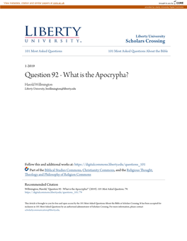 Question 92 - What Is the Apocrypha? Harold Willmington Liberty University, Hwillmington@Liberty.Edu