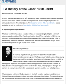 A History of the Laser: 1960 - 2019