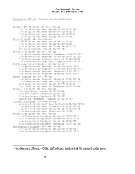 Continental Forces, Return for February 1780