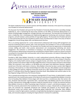 ASSOCIATE VICE PRESIDENT of UNIVERSITY ADVANCEMENT MARY BALDWIN UNIVERSITY Staunton, Virginia Mary Baldwin University the Aspen