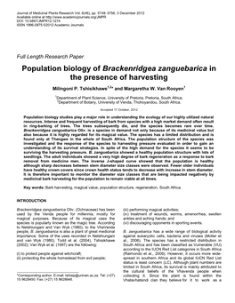 Population Biology of Brackenridgea Zanguebarica in the Presence of Harvesting