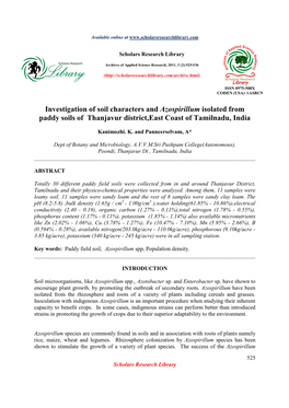 Investigation of Soil Characters and Azospirillum Isolated from Paddy Soils of Thanjavur District,East Coast of Tamilnadu, India