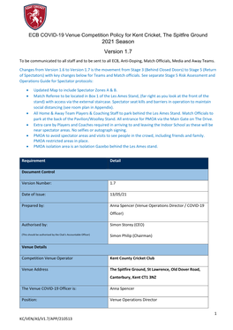 2021 Season Version 1.7 to Be Communicated to All Staff and to Be Sent to All ECB, Anti-Doping, Match Officials, Media and Away Teams