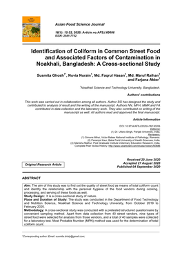 Identification of Coliform in Common Street Food and Associated Factors of Contamination in Noakhali, Bangladesh: a Cross-Sectional Study