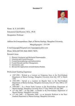 Detailed CV Name: KS JAYAPPA Educational Qualification