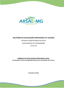 Relatório De Fiscalização Operacional Nº 143/2020 Sistema De Abastecimento De Água Sede Municipal De Itamarandiba Copasa-Mg