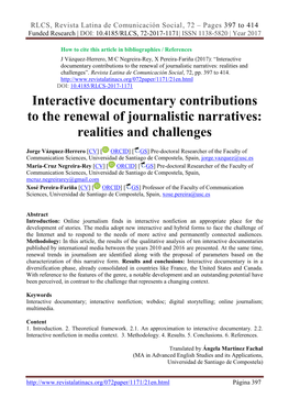 Interactive Documentary Contributions to the Renewal of Journalistic Narratives: Realities and Challenges”