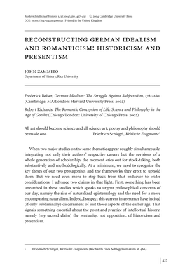 Reconstructing German Idealism and Romanticism: Historicism and Presentism John Zammito Department of History, Rice University