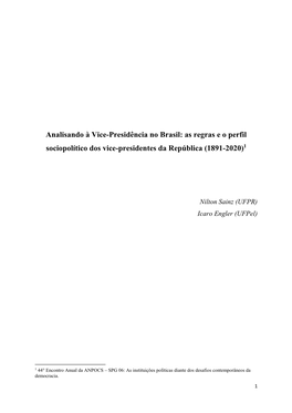 Analisando À Vice-Presidência No Brasil: As Regras E O Perfil Sociopolítico Dos Vice-Presidentes Da República (1891-2020)1