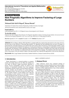 New Pragmatic Algorithms to Improve Factoring of Large Numbers