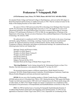 Prakasarao V Velagapudi, Phd