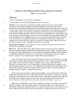 Studies on the Formation and the Nuclear Structure of an Atom Author: Nakyoung Seong1*