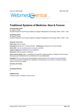 Traditional Systems of Medicine- Now & Forever