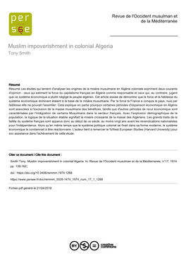 Muslim Impoverishment in Colonial Algeria Tony Smith