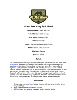 Green Tree Frog Fact Sheet