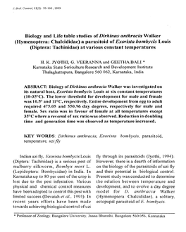 Biology and Life Table Studies of Dirh in Us Anthracia Walker