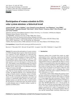 Participation of Women Scientists in ESA Solar System Missions: a Historical Trend