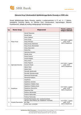 Zebrania Grup Członkowskich Spółdzielczego Banku Rozwoju W 2020 Roku