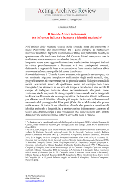 Il Grande Attore in Romania Tra Influenza Italiana E Francese E Identità Nazionale1