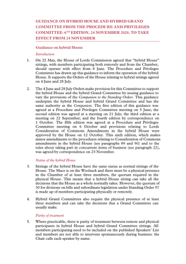 Guidance on Hybrid House and Hybrid Grand Committee from the Procedure and Privileges Committee: 6Th Edition, 24 November 2020, to Take Effect from 24 November