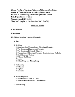 China Profile of Asylum Claims and Country Conditions Office of Country Reports and Asylum Affairs Bureau of Democracy, Human Rights and Labor U.S