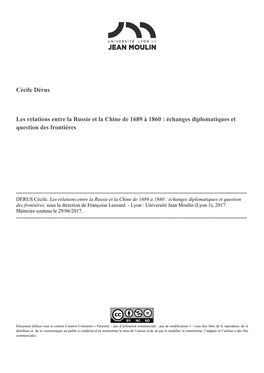 Cécile Dérus Les Relations Entre La Russie Et La Chine De 1689 À 1860