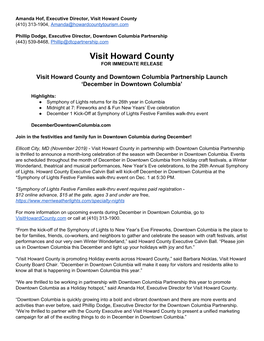 Visit Howard County (410) 313-1904, Amanda@Howardcountytourism.Com ​