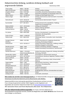 Hebammenliste Amberg, Landkreis Amberg-Sulzbach Und Angrenzende Gebiete Stand Januar 2021