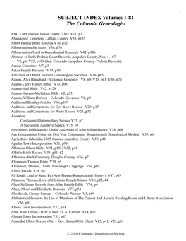 SUBJECT INDEX Volumes 1-81 the Colorado Genealogist