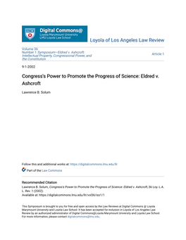 Congress's Power to Promote the Progress of Science: Eldred V. Ashcroft