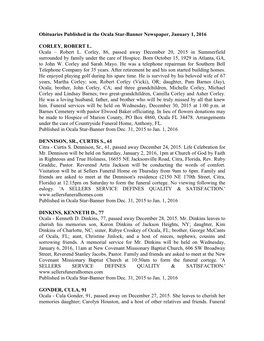 Obituaries Published in the Ocala Star-Banner Newspaper, January 1, 2016 CORLEY, ROBERT L. Ocala