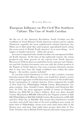 European Influence on Pre-Civil War Southern Culture: the Case of South Carolina